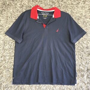 Nautica Navtech Polo Shirt Mens Large Navy Blue Red Collar Performance Wicking